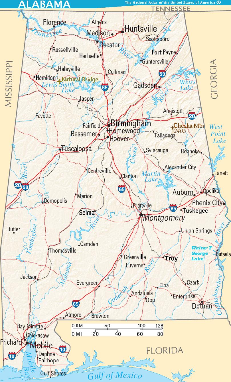 **Alabama** terrain map: shows lakes, rivers, roads