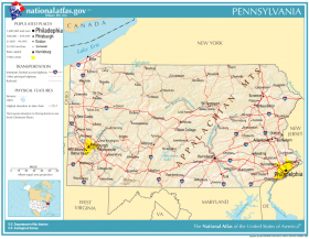 Map of Pennsylvania, showing major cities and roads