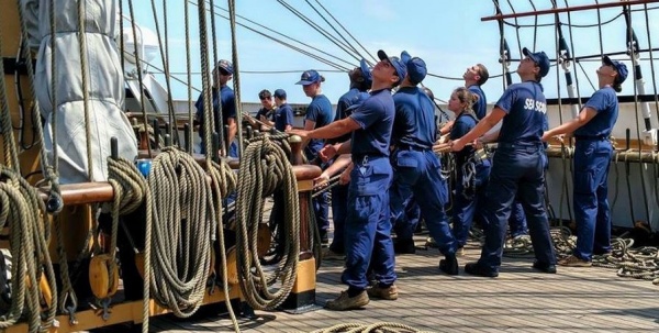 Sea Scouts aboard the USCGC Barque Eagle during her 2018 summer training cruise
